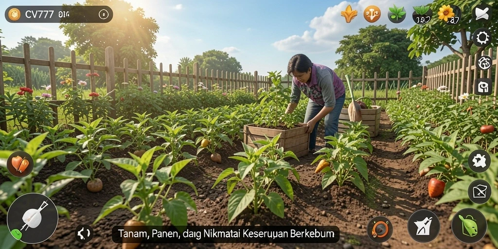 Screenshot gameplay CV777 menunjukkan aktivitas berkebun yang menyenangkan.