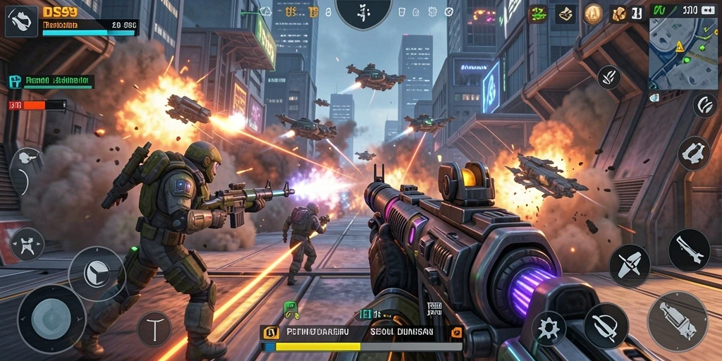 Screenshot gameplay DS99 memperlihatkan aksi mendebarkan dalam pertempuran TPS.